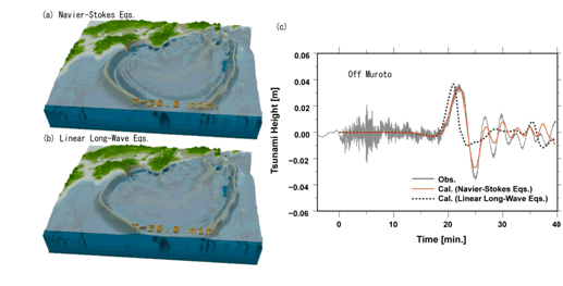 図2　2004年紀伊半島南東沖の地震による津波発生伝播シミュレーション。地震発生から30分後の津波伝播。（a） 3‐D Navier‐Stokes式による計算、（b） 線形長波方程式による計算。（c） 室戸沖における津波波形の比較（グレーは観測波形、赤はNavier‐Stokes式、黒は線形長波方程式による計算結果）。
