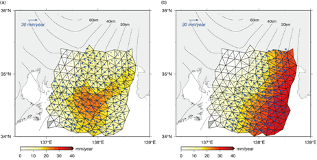 図 1：（a）水準測量（b）GPSの水平変動をデータとして推定した1996年から2000年のすべり欠損分布．