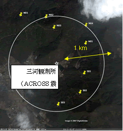 図1: 三河観測所を中心とした観測点の配置（Photo by Google）