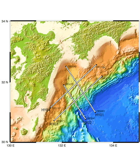 H20年度日向灘における屈折法地震探査測線図。黒線がエアガン測線（HY01‐04）、白丸が海底地震計（OBS）を示す。