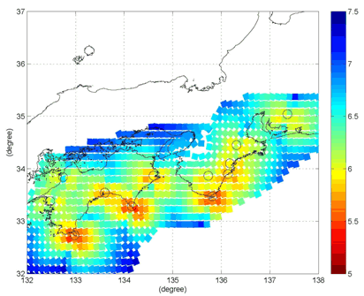 図2：2006年～2008年に完成した12新規観測点による短期的スロースリップの検知能力（大谷・他、2009）．右側の凡例の数字は検出可能な最小のスリップのモーメントマグニチュードを示す。