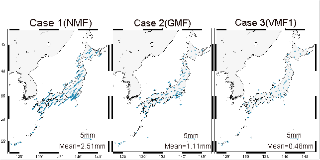 図1　マッピング関数によるみかけ上下年周変動の違い。Case 1はマッピング関数としてNMF、静水圧遅延量モデルとしてBergモデルを用いた場合、Case 2はマッピング関数としてGMF，静水圧遅延量モデルとしてGPTモデルを用いた場合、Case 3はマッピング関数としてVMF1、静水圧遅延量モデルとしてECMWFモデルを用いた場合に得られたみかけ上下年周変動を表す。従来の標準的解析手法であるCase 1で見られた大きなみかけ上下年周変動が、数値気象モデルに基づいたマッピング関数および静水圧遅延量モデルを用いたCase 2およびCase 3では改善されていることが分かる。