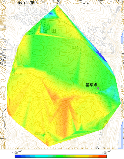 第4図　御石ヶ沢付近の自然電位分布図　（作図にはQuick Graphを使用した）