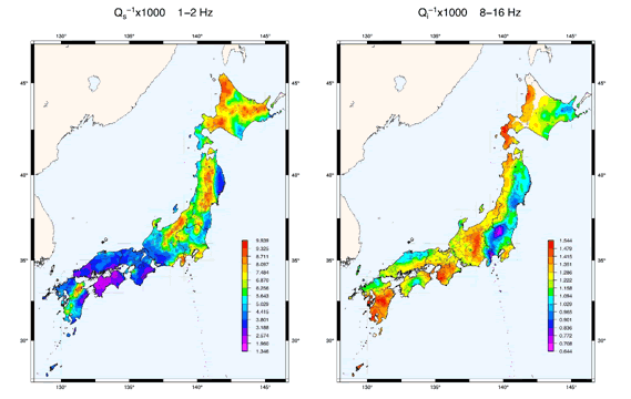 図7.1‐2Hzの散乱減衰（QS‐1）と、8‐16Hzの内部減衰（Qi‐1）の分布図（東北大学［課題番号：1204］；Carcole and Sato, 2010）。暖色系ほど減衰が大きいことを示す。