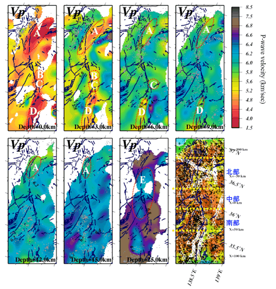 図8.糸魚川‐静岡構造線断層帯およびその周辺域におけるP波速度構造（防災科学技術研究所［課題番号：3009］）。深さ毎のP波速度分布と領域図を示す。領域図中の三角印と黒点は、解析に使用した観測点と震源をそれぞれ表す。A～Dは上部地殻のEは下部地殻の低速度異常域を表す。