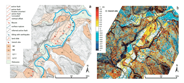 図17.2008年岩手・宮城内陸地震における、はの木立付近の変動地形学図（a） と地震前後のLiDAR計測結果の差分図 （b） との比較（名古屋大学［課題番号：1704］；国土地理院，2009）。