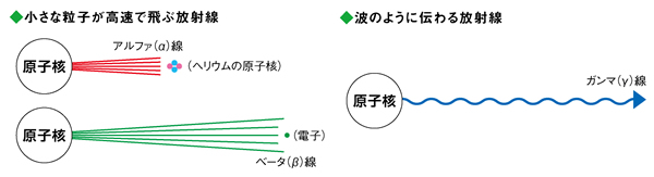 小さな粒子が高速で飛ぶ放射線（アルファ線、ベータ線）、波のように伝わる放射線（ガンマ線）