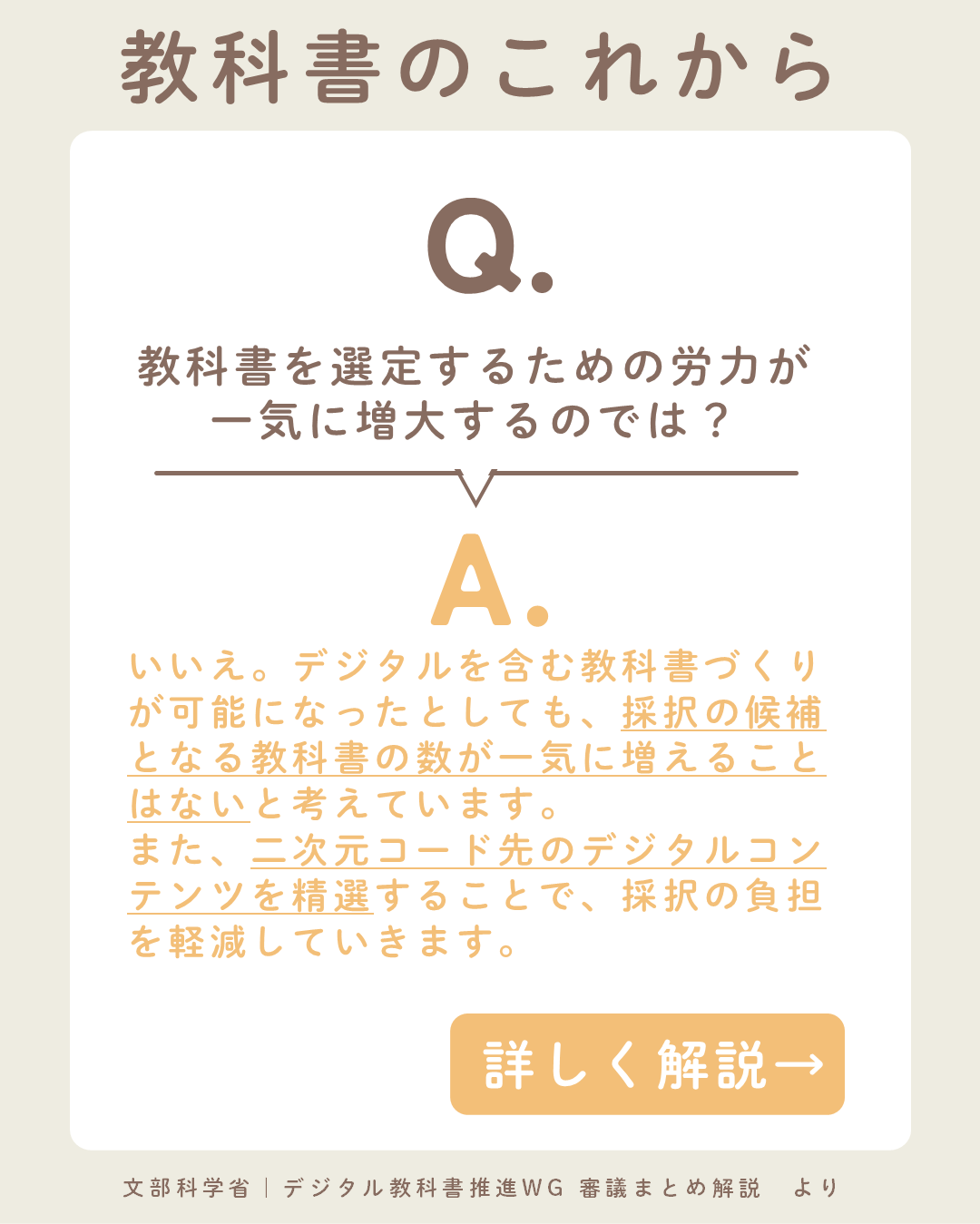 「教科書を選定するための労力が一気に増大するのでは?」という質問に対し、「いいえ。デジタルを含む教科書づくりが可能になったとしても、採択の候補となる教科書の数が一気に増えることはないと考えています。また、二次元コード先のデジタルコンテンツを精選することで、採択の負担を軽減していきます。」という回答が記載されている。