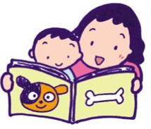 母が子どもに絵本を読み聞かせているイラスト