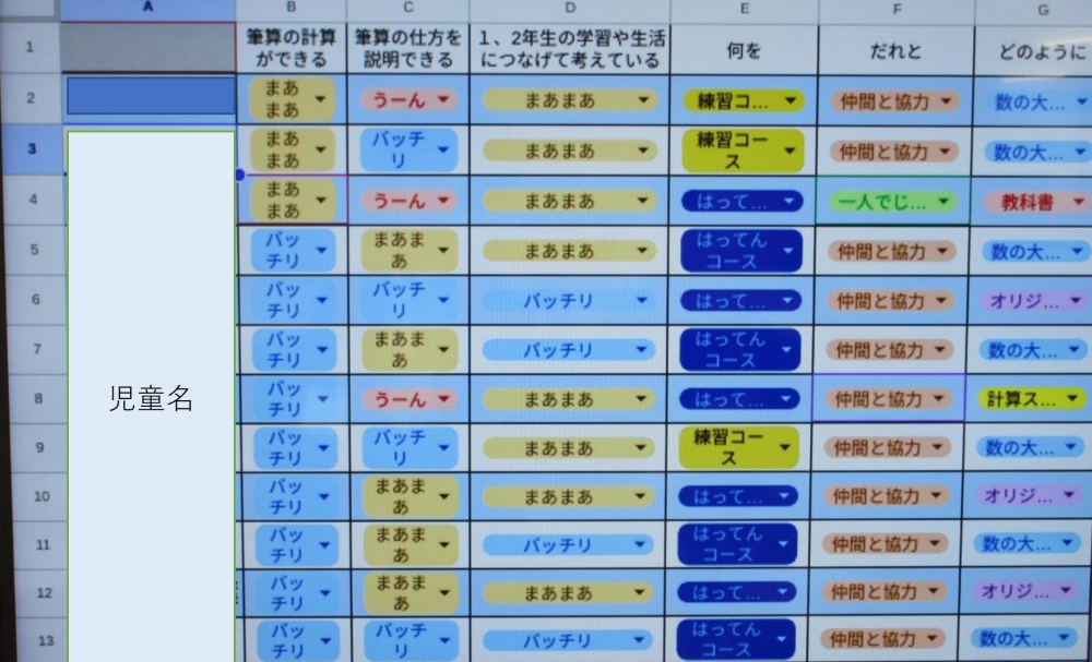 学習状況や学習形態を共有する表計算ソフトの画面キャプチャ