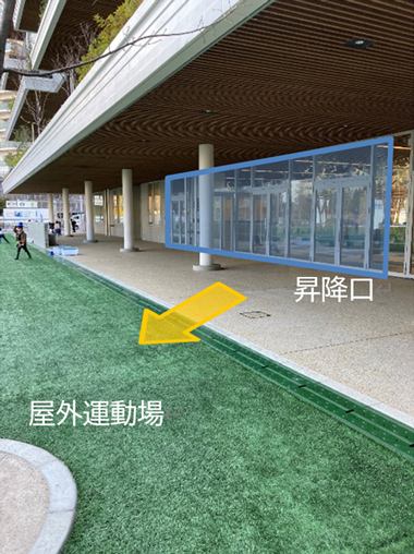 建物出入口から屋外運動場への移動に配慮した、アクセスしやすい配置を示す写真