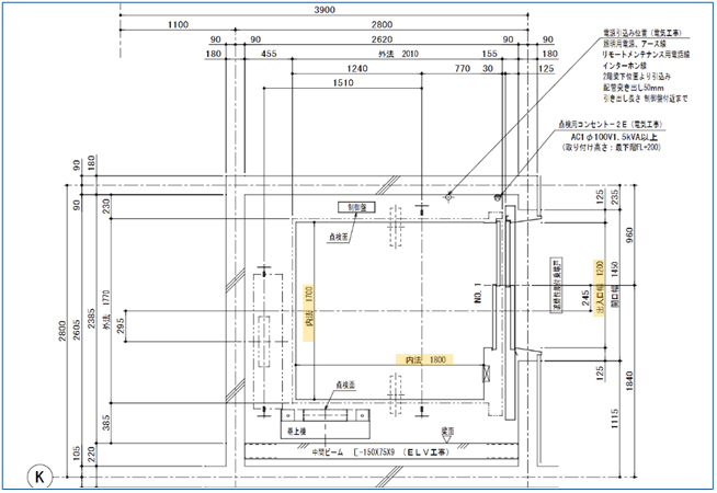エレベーターの籠および乗降ロビーの寸法関係を示した平面図。籠の内法寸法、出入口有効幅、操作盤や手すりの位置、点字表示、乗降ロビーの必要寸法など、車椅子使用者の利用を想定した配置と寸法条件を示している。 