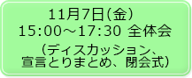 11月7日（金）15:00～17:30 全体会（ディスカッション、宣言とりまとめ閉会式）