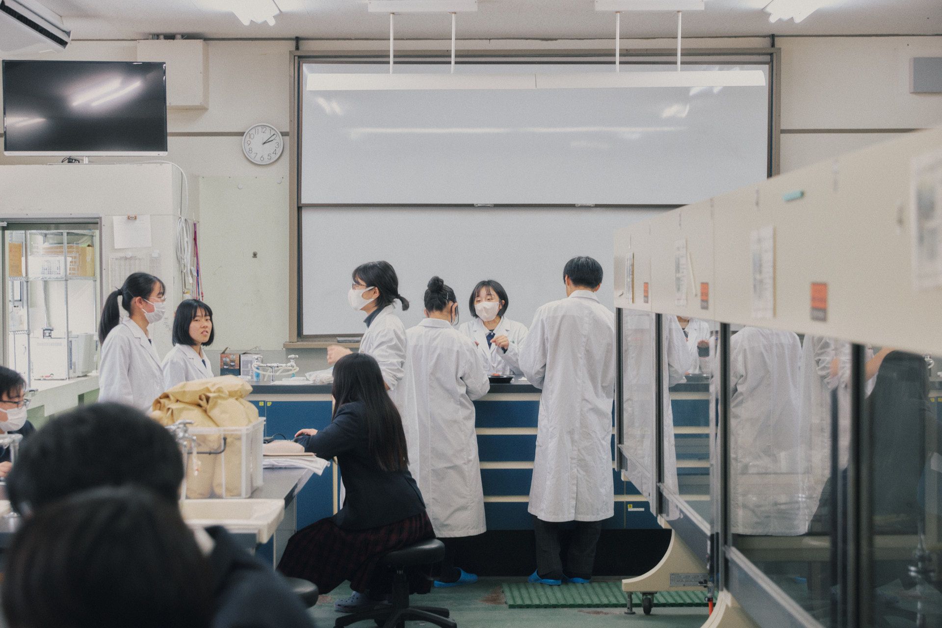 グループごとに分かれて実験を行う生徒たち。研究意欲が高く、教員から指示を待つことなく、次にどのデータが必要になるのかを自主的に考えることができる