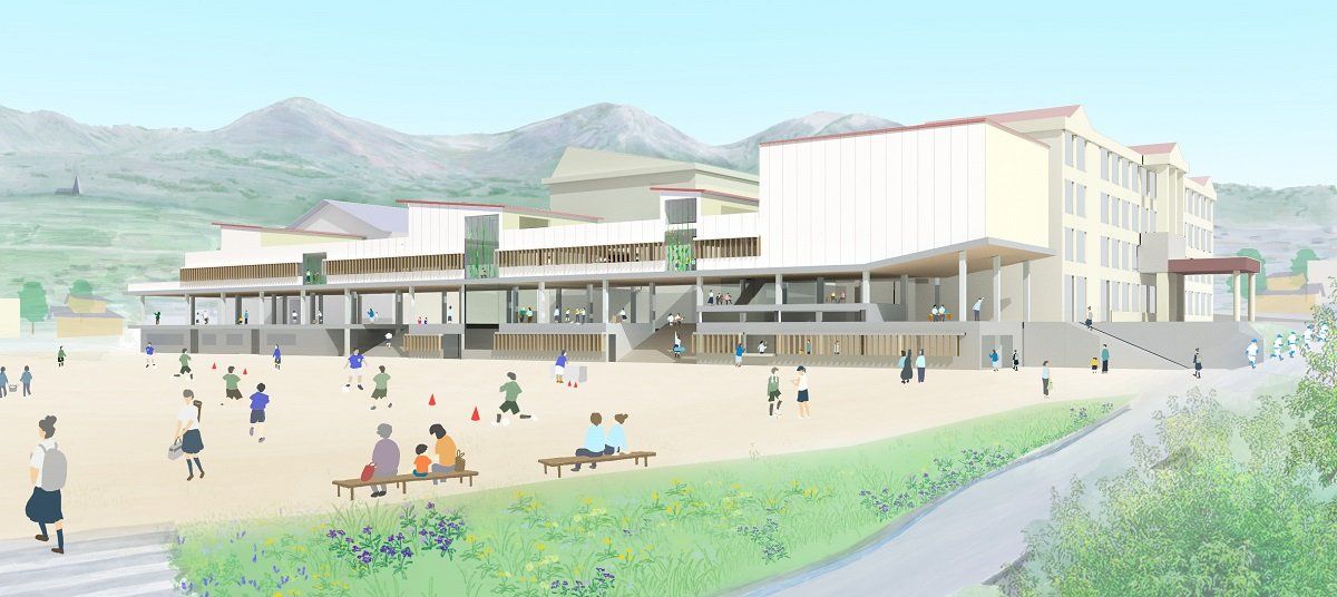 2026年開校予定の「小諸新校」(仮称)の外観(基本設計完了時点のイメージ図)。学校と地域をつなぐ「地域連携協働室」の設置など、新たな学びの実現に向けた校舎づくりを計画している(提供:長野県教育委員会)