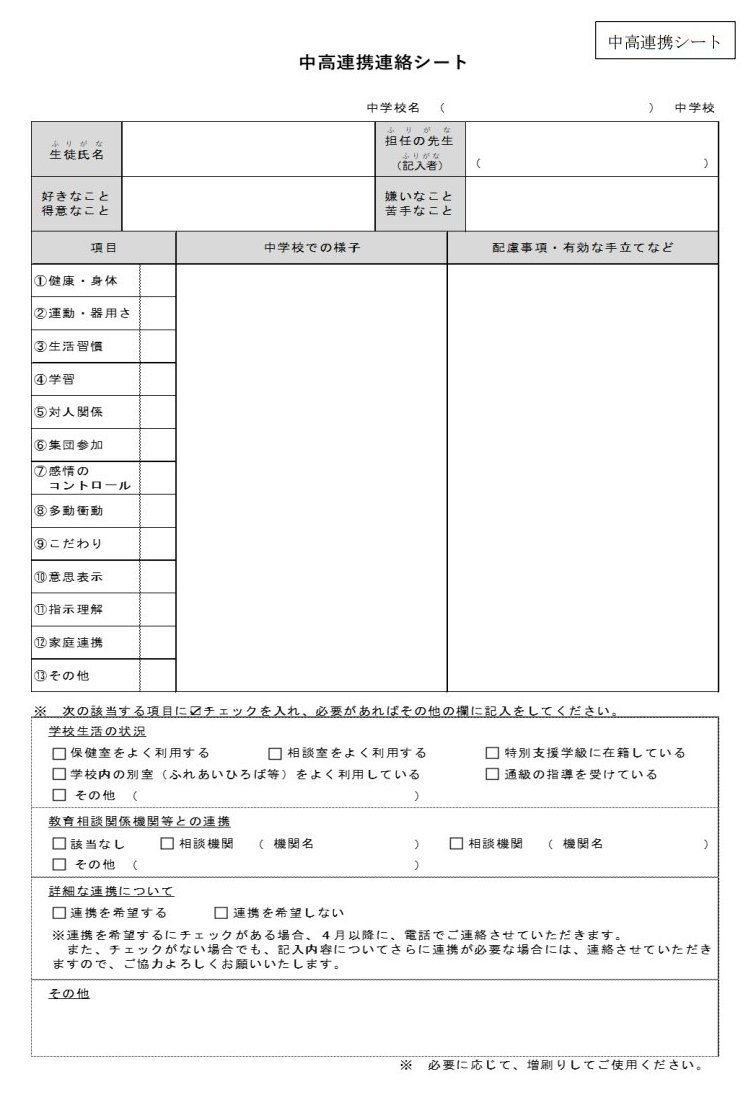 広島市立広島みらい創生高等学校による「中高連携シート」(提供:広島市立広島みらい創生高等学校)