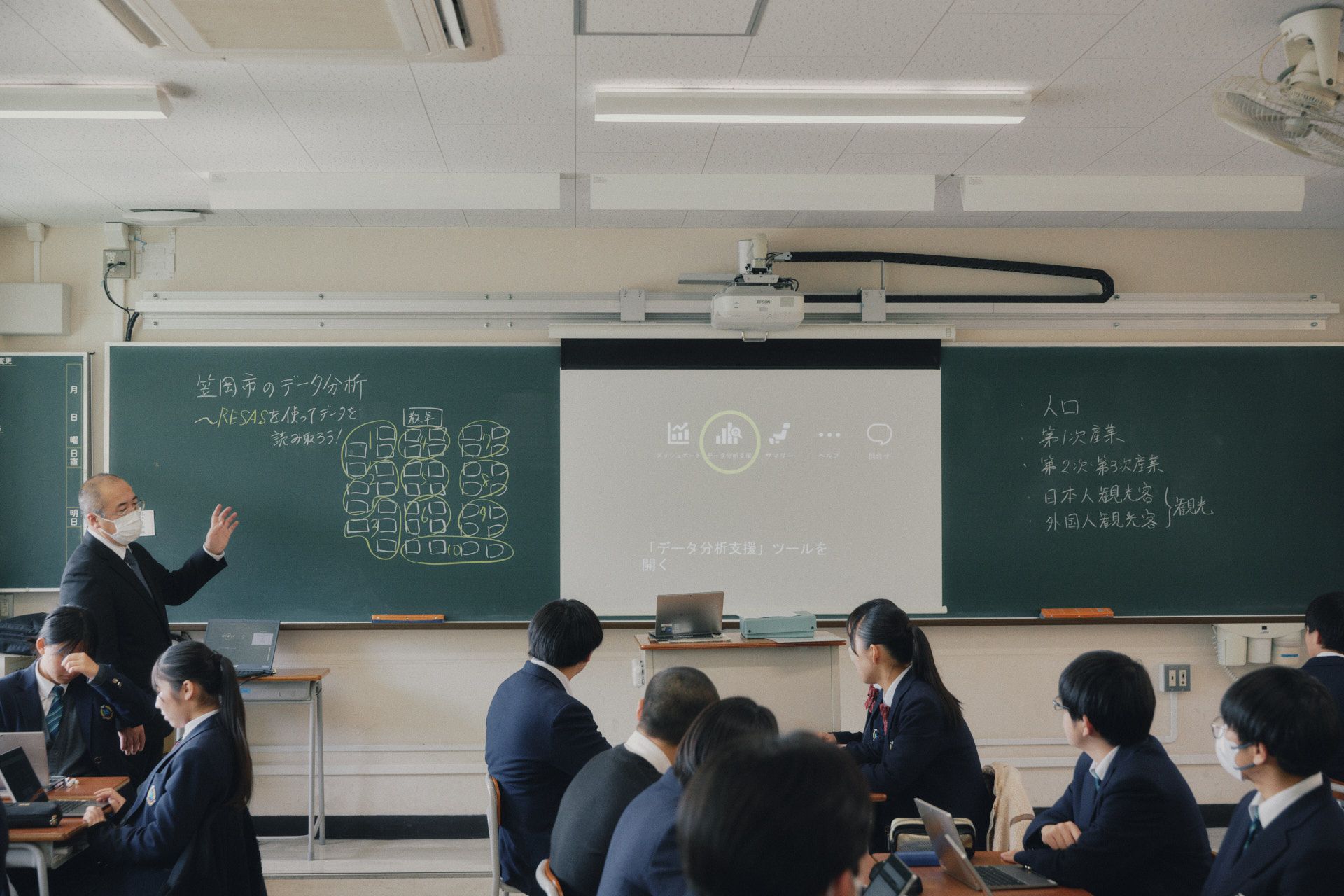 まずは「RESAS」の利用方法から。生徒たちは自分のタブレットPCを利用して必要なデータを収集していく