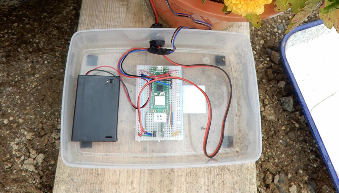 マイコンボード「Raspberry Pi Pico W」に温度湿度センサ、土壌水分センサと水をくみ上げるモータを取り付けた自動灌水装置。乾電池ボックスには単3電池3本が入る。