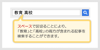 スペースで区切ることにより、「教育」と「高校」の両方が含まれる記事を検索することができます。