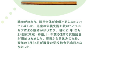 戦争が終わり、国民全体が食糧不足に陥っていました。児童の栄養失調を救おうとユニセフによる援助がはじまり、昭和21年12月24日に東京・神奈川・千葉の3県で試験給食が開始されました。翌日から冬休みのため、翌年の1月24日が戦後の学校給食記念日となりました。