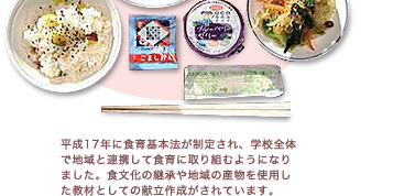 平成17年に食育基本法が制定され、学校全体で地域と連携して食育に取り組むようになりました。食文化の継承や地域の産物を使用した教材としての献立作成がされています。