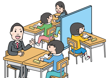 机を並べて授業を受ける子供やパーテーションに仕切られた場所で勉強をする子供や机を向かい合わせにし通級指導を行う通級担当者と男の子が描かれている教室の画像