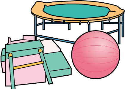 トランポリンとバランスボールとハードルや板などの用具の画像