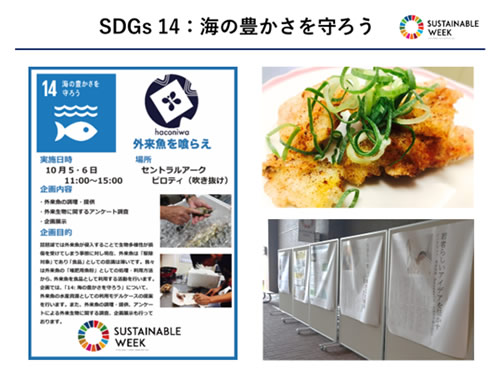 図6．BIOSPHEREグループ「SDGs 14：海の豊かさを守ろう」の企画パネルと当日の写真