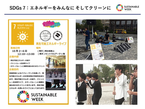 図7．SOCIETYグループ「SDGs 7：エネルギーをみんなに そしてクリーンに」の企画パネルと当日の写真